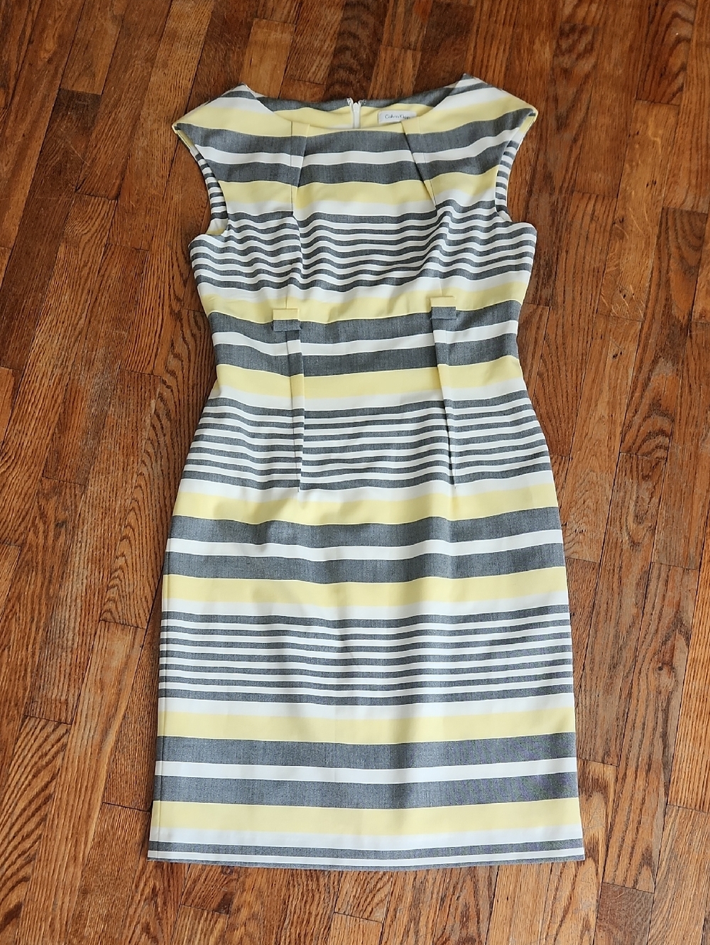 Calvin Klein Yellow and Gray Striped Midi Sheath Dress